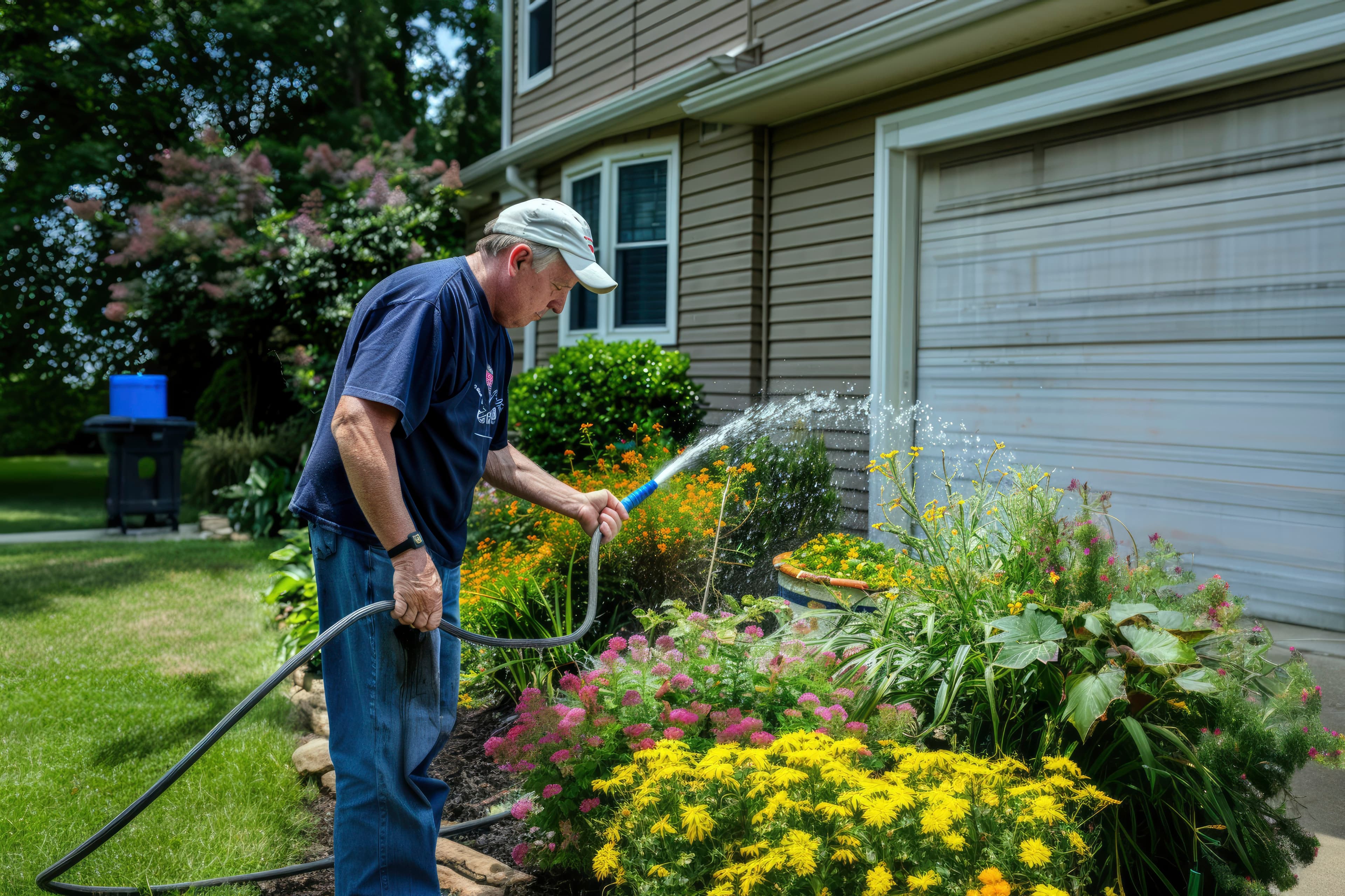 Ottershine landscaper watering a flowering garden bed